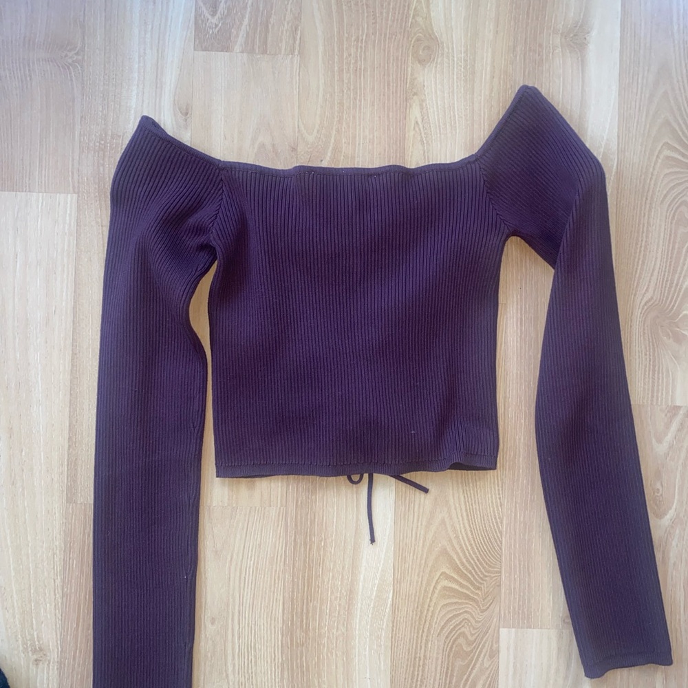 Zara Cropped Ribbed Drawstring Long Sleeve Top - purple - Picture 4 of 4